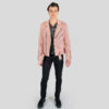 The Commando is our most traditional and recognizable leather jacket, now in dusty pink leather with a removable belt and polished nickel ball pull zippers.