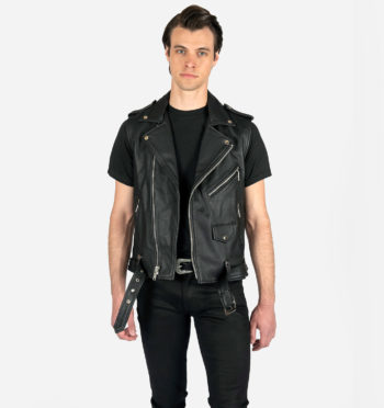 The Commando is our most traditional and recognizable leather jacket, now as a fitted vest featuring a removable belt and polished nickel ball pull zippers.