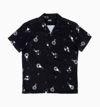 Short sleeve button up camp shirt featuring our music themed collage and spread collar.