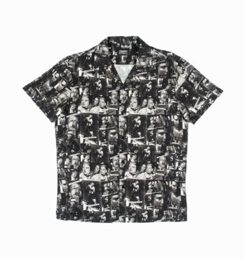 Short sleeve button up camp shirt featuring vintage clippings from the 1977 British punk rock era.