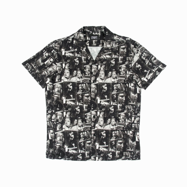 Short sleeve button up camp shirt featuring vintage clippings from the 1977 British punk rock era.