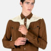 Long sleeve button up western shirt with black and gold twist piping, pocket embroidery, and snap closure.