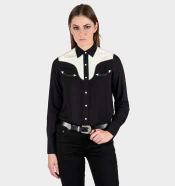 Long sleeve button up western shirt with black and white twist piping, pocket embroidery, and snap closure.