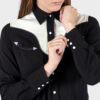 Long sleeve button up western shirt with black and white twist piping, pocket embroidery, and snap closure.