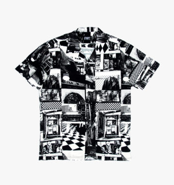 Short sleeve button up camp shirt with spread collar, featuring our City of Chicago and leather jacket themed collage.