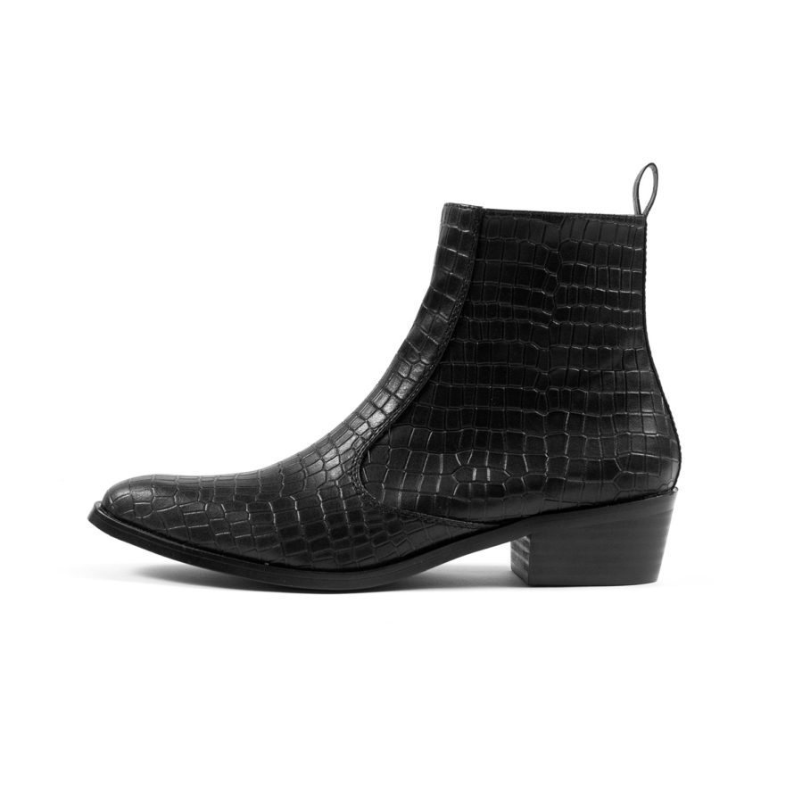 Vegan Richards - Black Snakeskin Faux Leather Zip Boots 