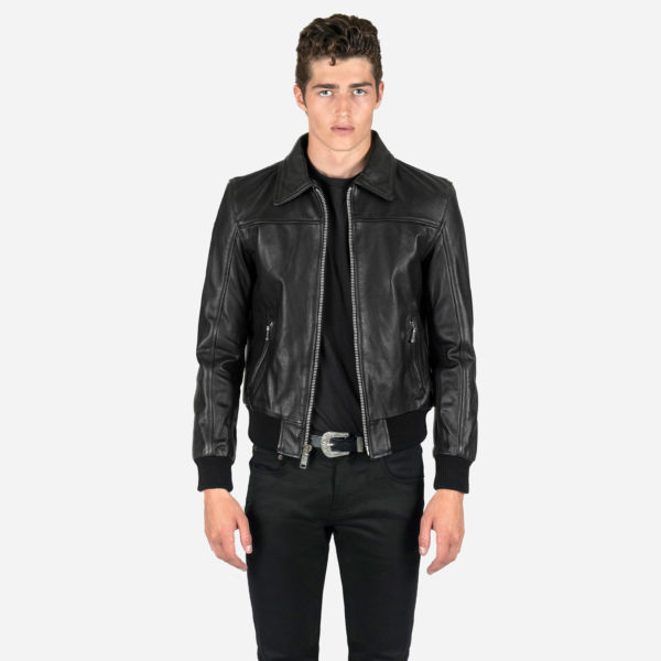 The Belmont leather jacket features durable elastic cuffs and waistband and symmetrical styling details.