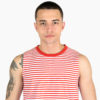 Sleeveless t-shirt with thin stripes, relaxed neck, and capped sleeves.
