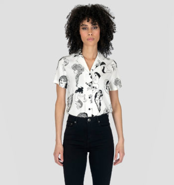 Short sleeve button up shirt featuring our vintage ladies artwork and lapel collar.