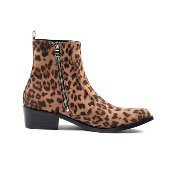 The Vegan Richards is a women’s leopard boot with a side ankle zipper closure and lined with vegan leather.