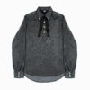 Long sleeve top with bow, featuring dark sheer fabric and standout white buttons.