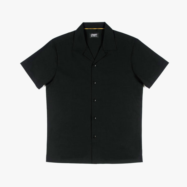 Short sleeve button up black camp shirt with spread collar.