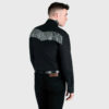 Long sleeve button up black and grey western shirt with fringe and snap closure.