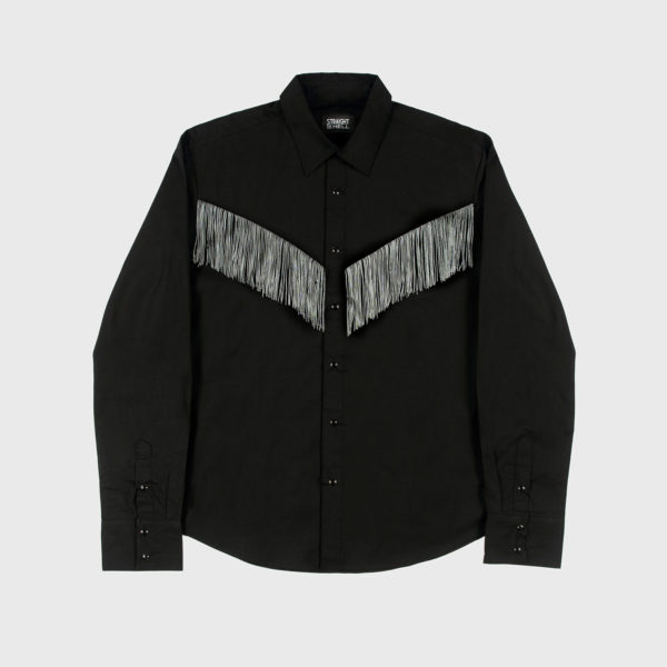 Long sleeve button up black and grey western shirt with fringe and snap closure.