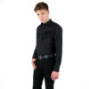 Long sleeve button up black western shirt with fringe and snap closure.