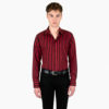 Black and deep red striped, long sleeve button up shirt.
