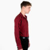 Black and deep red striped, long sleeve button up shirt.