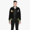 Black velvet souvenir jacket featuring the Top of the World chest and back embroidery
