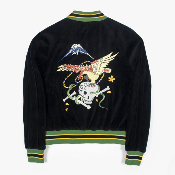 Black velvet souvenir jacket featuring the Top of the World chest and back embroidery