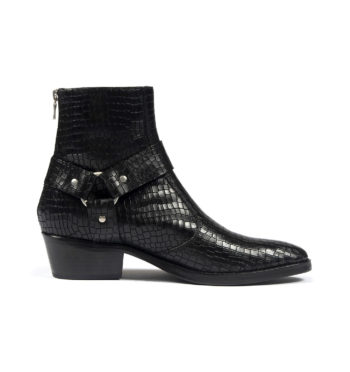 The Libertine is a women’s black snakeskin, premium leather harness boot