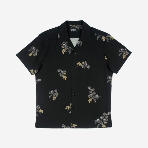 Short sleeve button up camp shirt with our roses artwork and spread collar.