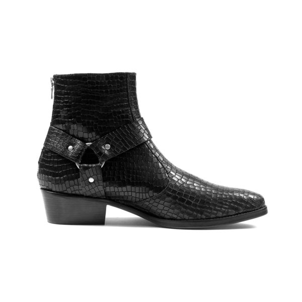 Libertine is a men’s black snakeskin, premium leather harness boot