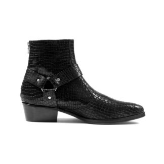 Libertine is a men’s black snakeskin, premium leather harness boot