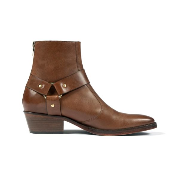 Libertine is a women’s brown, premium leather harness boot