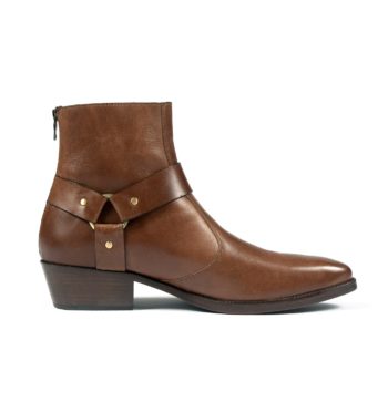 Libertine is a men’s brown, premium leather harness boot