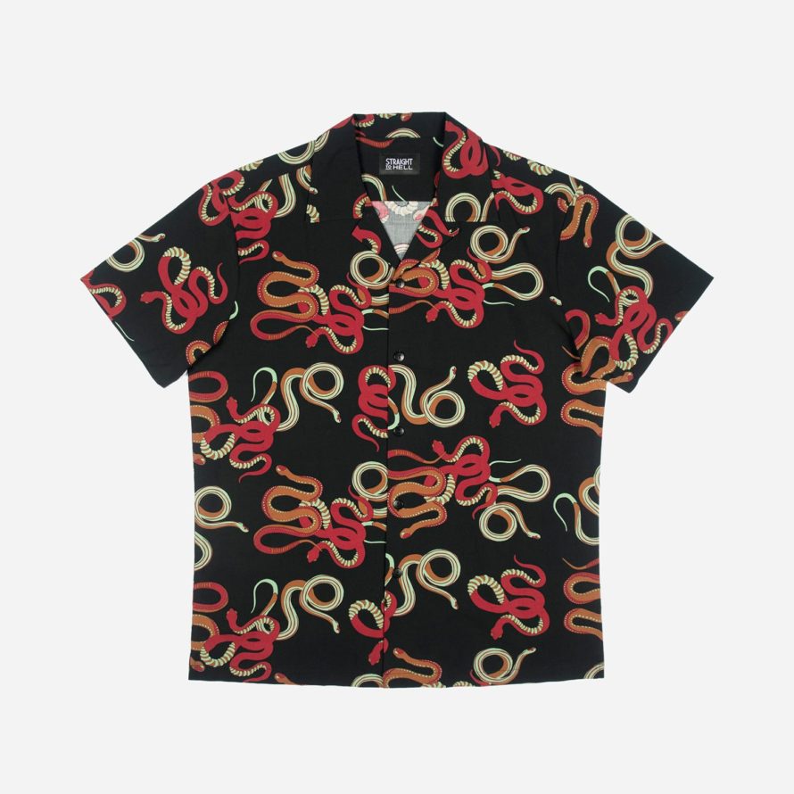 Short sleeve button up camp shirt with our Snake Dance Blues artwork