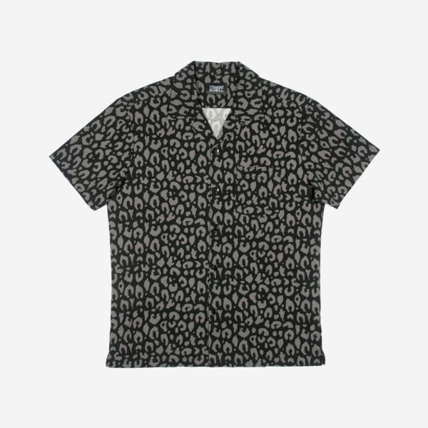 Short sleeve button up camp shirt with leopard print