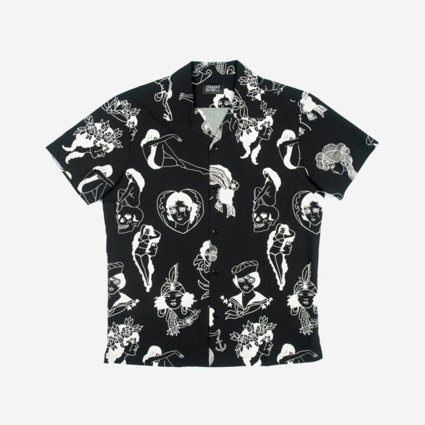 Short sleeve button up camp shirt with our vintage ladies artwork
