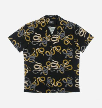 Short sleeve button up camp shirt with our Snake Dance Blues artwork