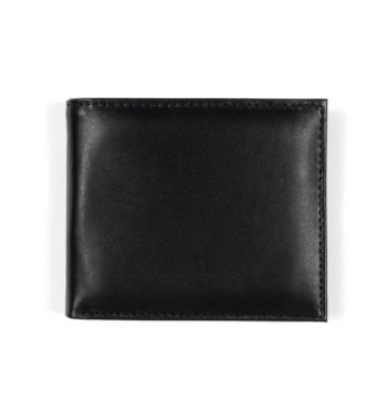 Black leather bi-fold wallet.