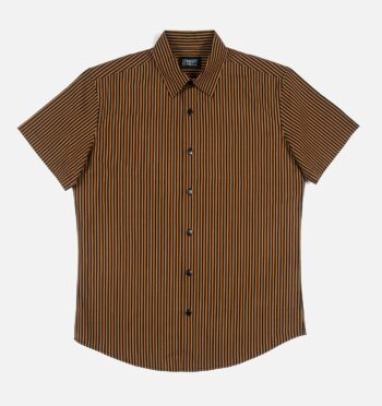 Black and brown striped, short sleeve button up shirt.