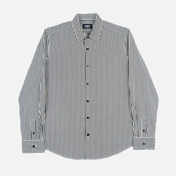Black and white striped, long sleeve button up shirt.