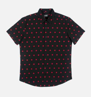 Short sleeve button up shirt with polka dots. 