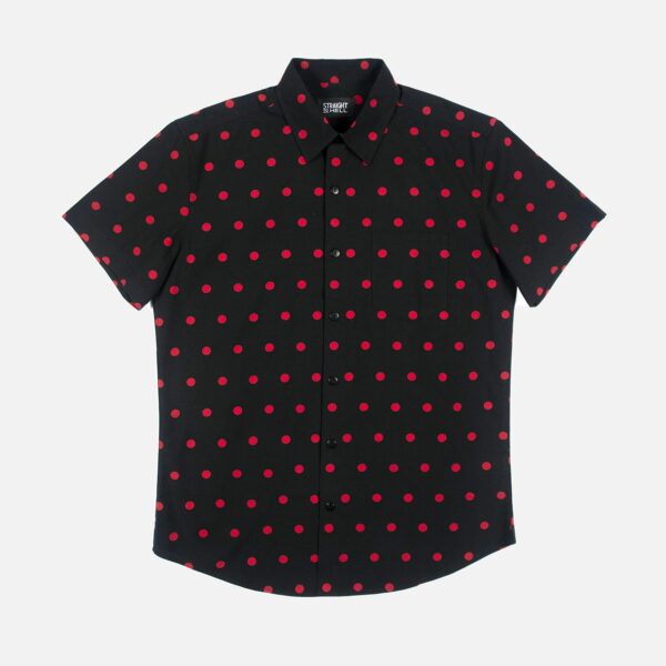 Short sleeve button up shirt with polka dots. 