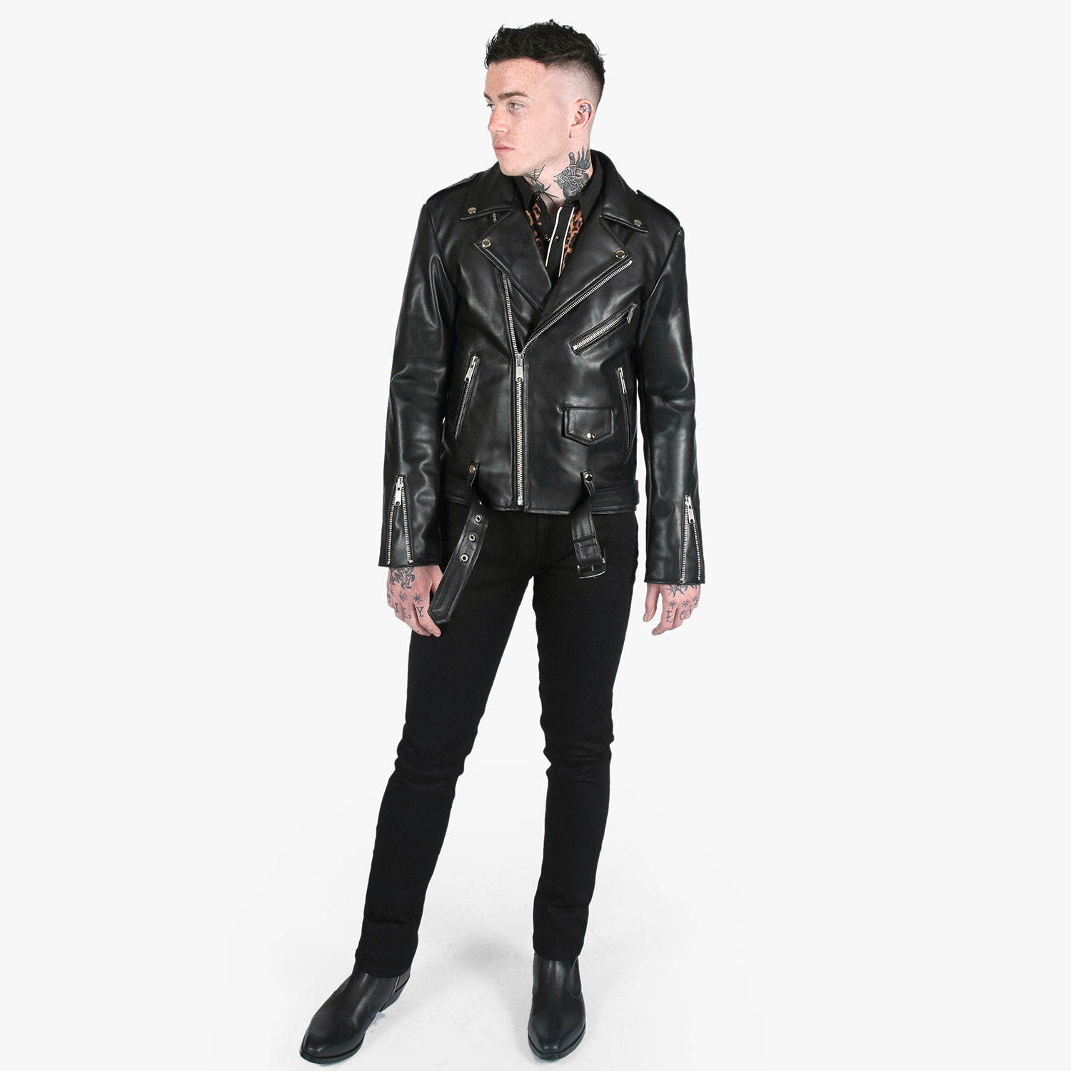 Vegan Commando Long - for Tall Men - Black and Nickel Faux Leather Jacket - Men's by Straight to Hell