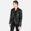 Vegan Marauder leather jacket features a low collar