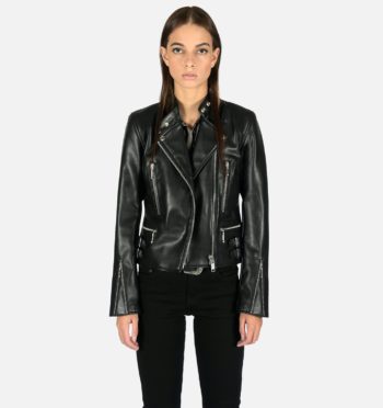 Vegan Marauder leather jacket features a low collar with strap closure and old school style