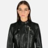 Vegan Marauder leather jacket features a low collar with strap closure and old school style