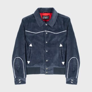 Blue velvet jacket with white piping,
