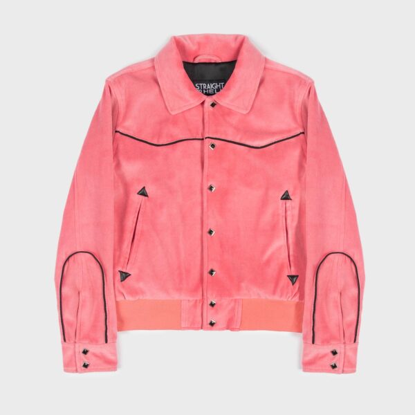 Pink velvet jacket with black piping