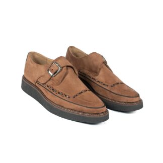 Vegan Memphis are brown faux suede creepers with buckle closure.