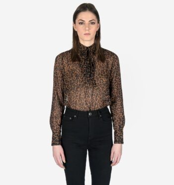 Long sleeve top with bow, featuring leopard sheer fabric
