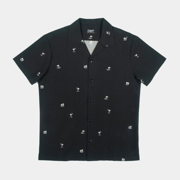 Short sleeve button up camp shirt with desert island motif