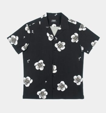Short sleeve button up camp shirt with black and grey floral print