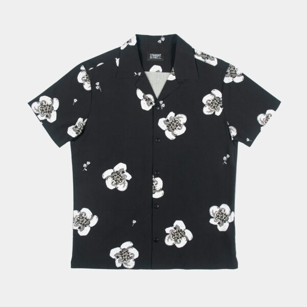 Short sleeve button up camp shirt with black and grey floral print