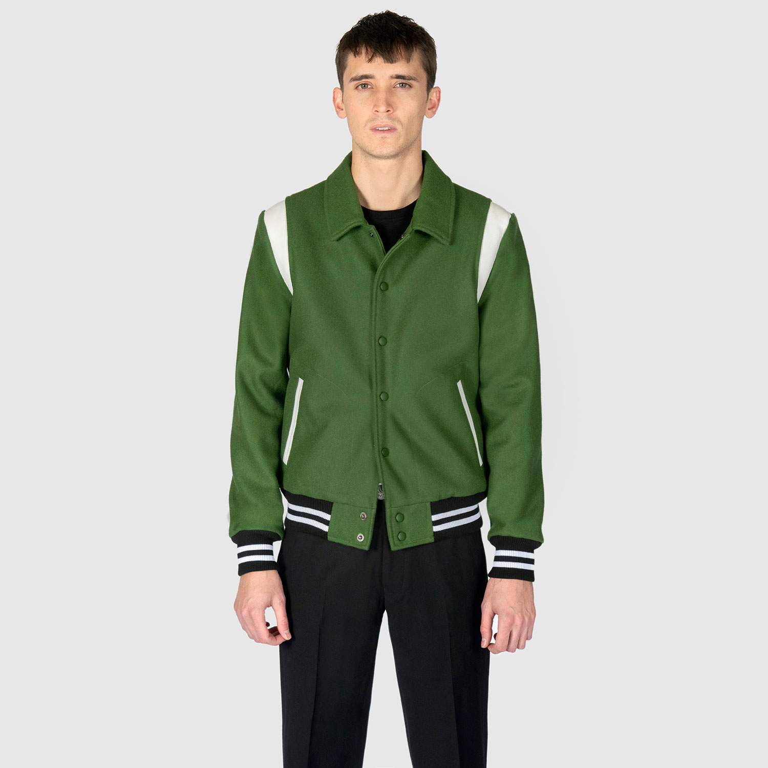 White Faux Leather Sleeves Green Wool Varsity Jacket